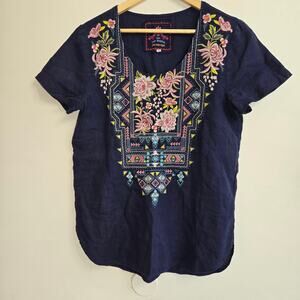 Johnny Was Boho Hippie Artsy Eclectic Floral Embroidered Scoop Neck Linen Top S